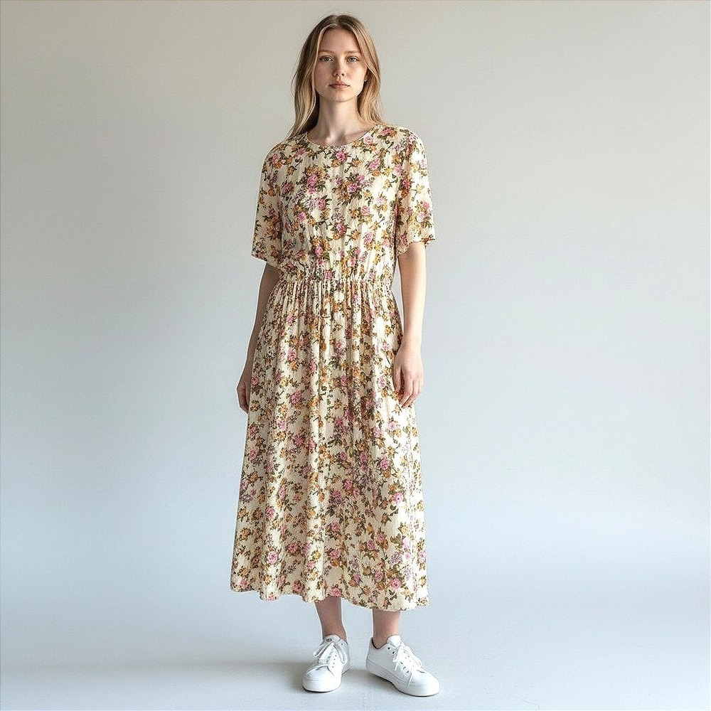 Vintage Ronni Nicole Floral Rayon Midi Dress Short Sleeve Cream Sz 16 NWT 80s